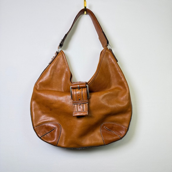 Michael Kors Handbags - MICHAEL KORS Vintage Cognac Brown Studded Leather Buckle Hobo Bag Large